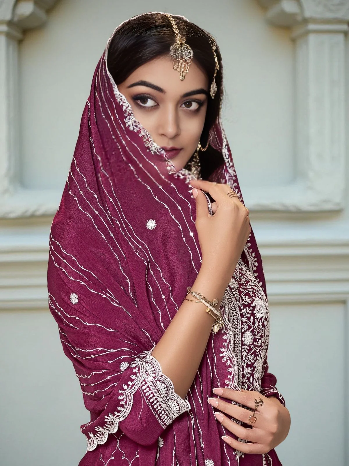 Odette Wine Chinon Embroidered Stitched Kurta Set For Women - Image 4