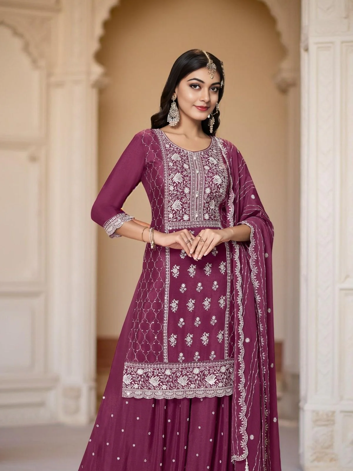 Odette Wine Chinon Embroidered Stitched Kurta Set For Women - Image 5