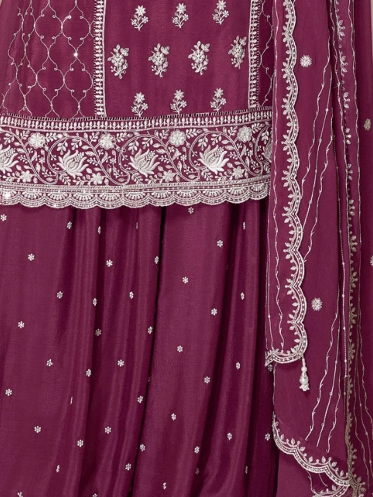 Odette Wine Chinon Embroidered Stitched Kurta Set For Women - Image 6
