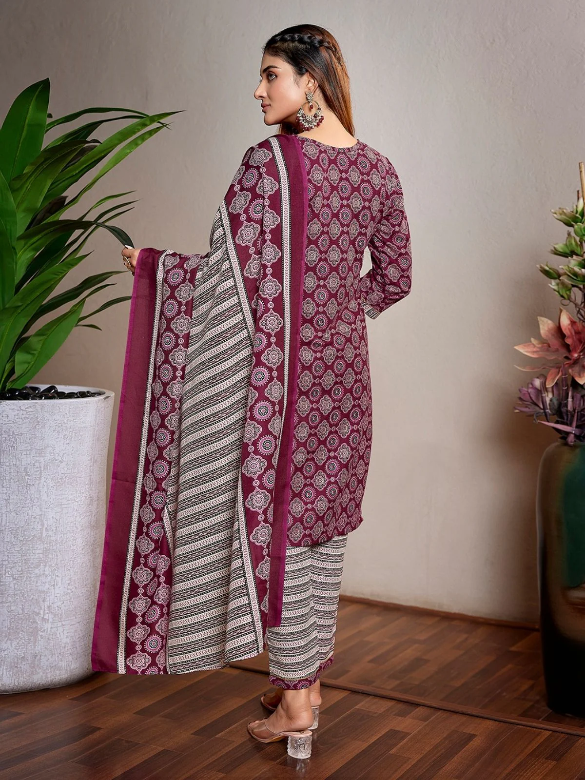 Odette Wine Cotton Blend Printed Stiched Kurta Set For Women - Image 3