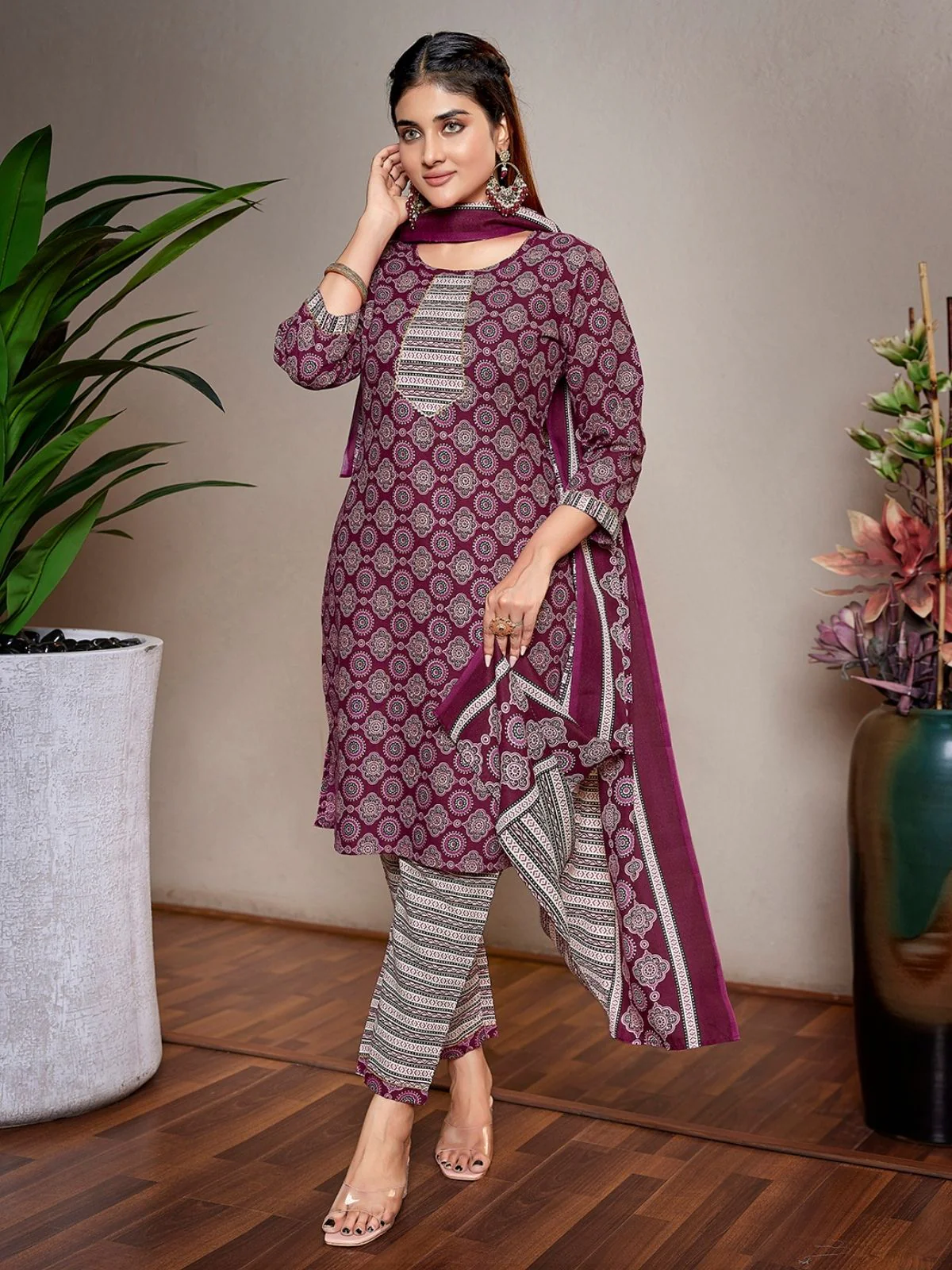 Odette Wine Cotton Blend Printed Stiched Kurta Set For Women - Image 6