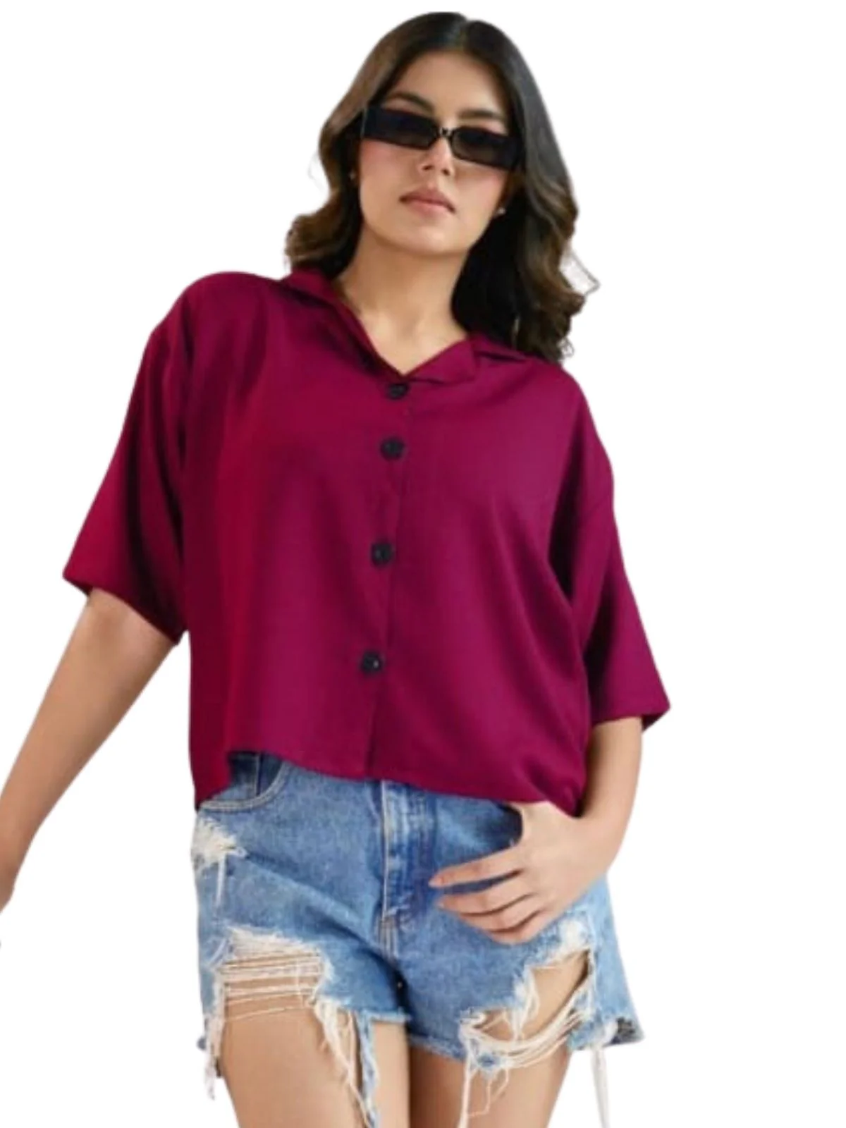 Odette Wine Cotton Blend Solid Shirt For Women - Image 2