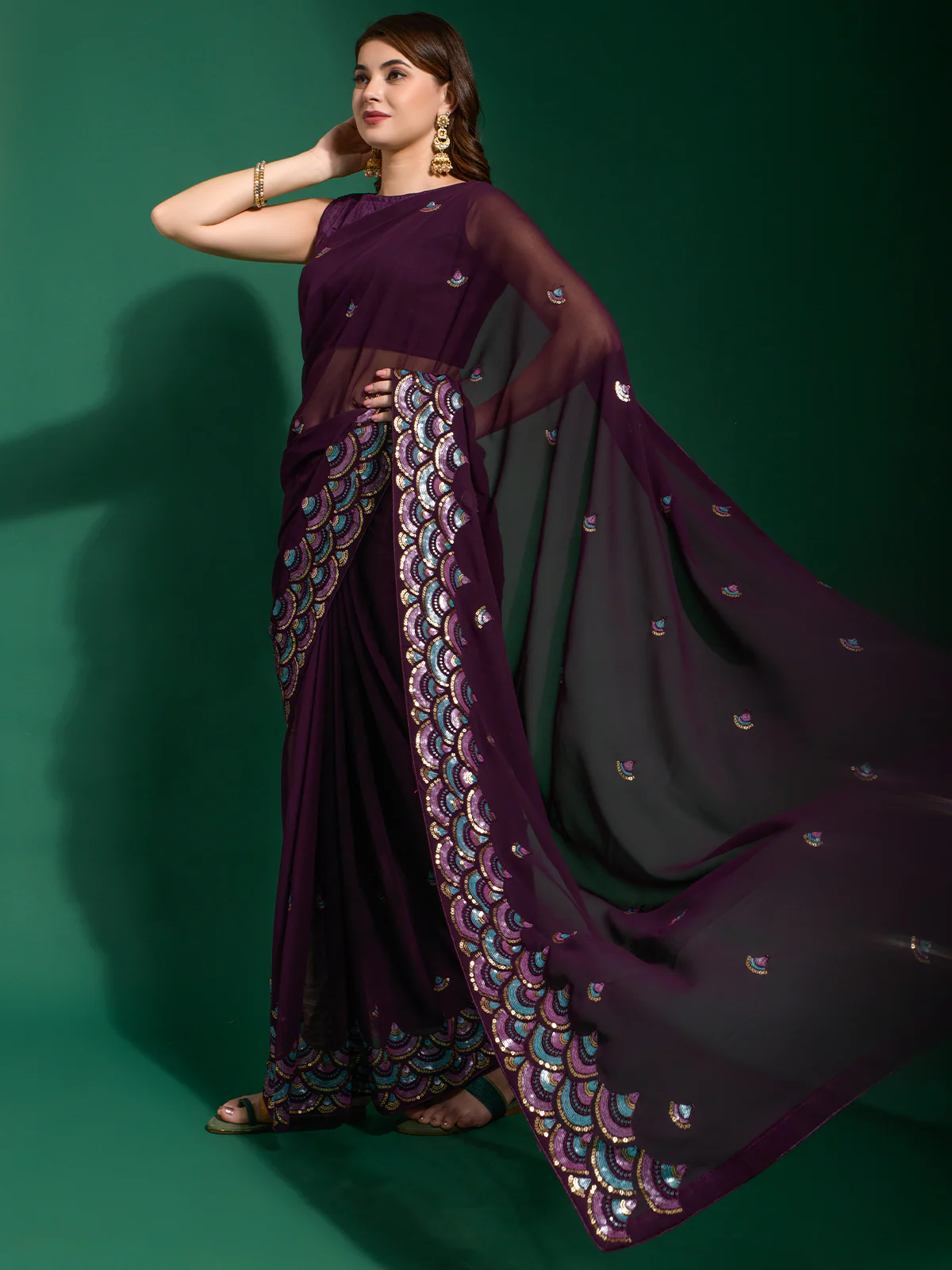 Odette Wine Embellished Georgette Saree With Unstitched Blouse For Women - Image 2