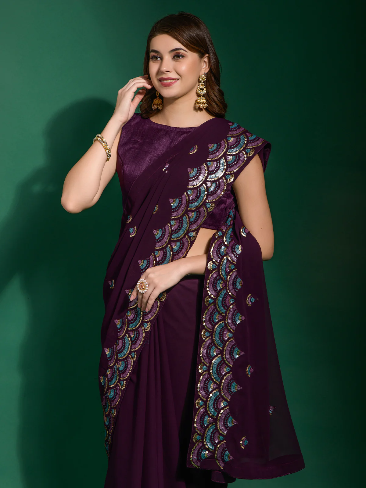 Odette Wine Embellished Georgette Saree With Unstitched Blouse For Women - Image 4