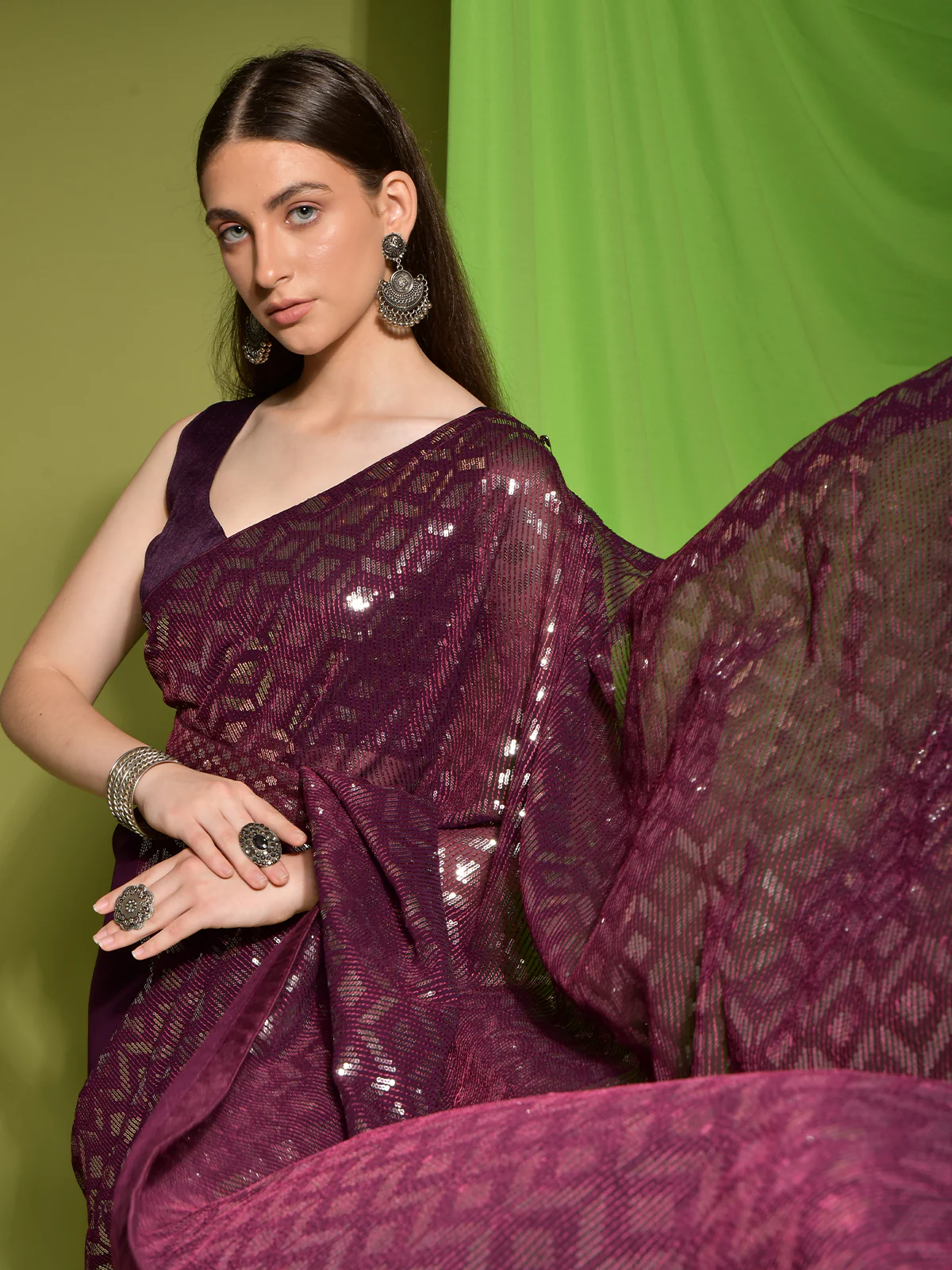 Odette Wine Embellished Georgette Saree With Unstitched Blouse For Women - Image 4