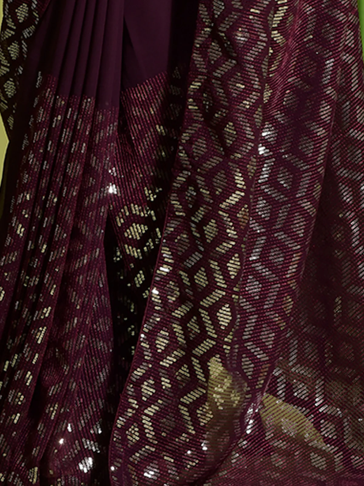 Odette Wine Embellished Georgette Saree With Unstitched Blouse For Women - Image 7