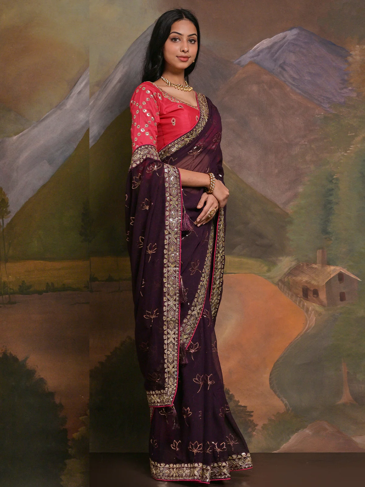 Odette Wine Embellished Georgette Saree With Unstitched Blouse For Women - Image 2
