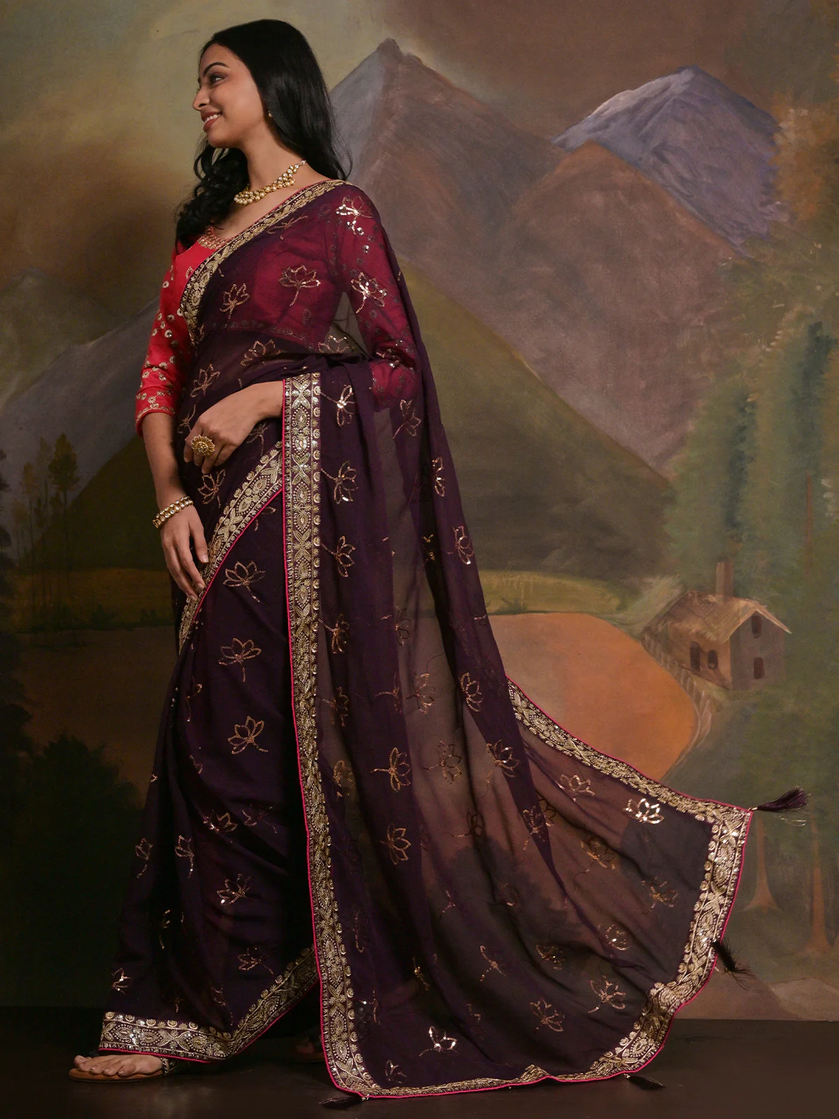 Odette Wine Embellished Georgette Saree With Unstitched Blouse For Women - Image 3