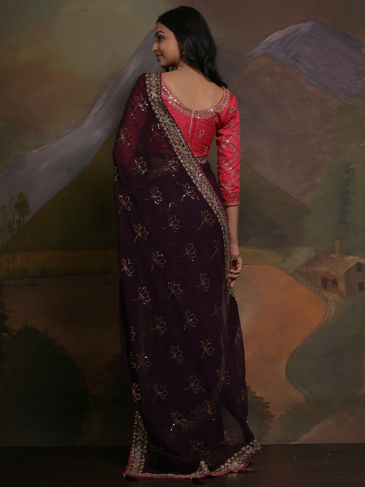 Odette Wine Embellished Georgette Saree With Unstitched Blouse For Women - Image 5