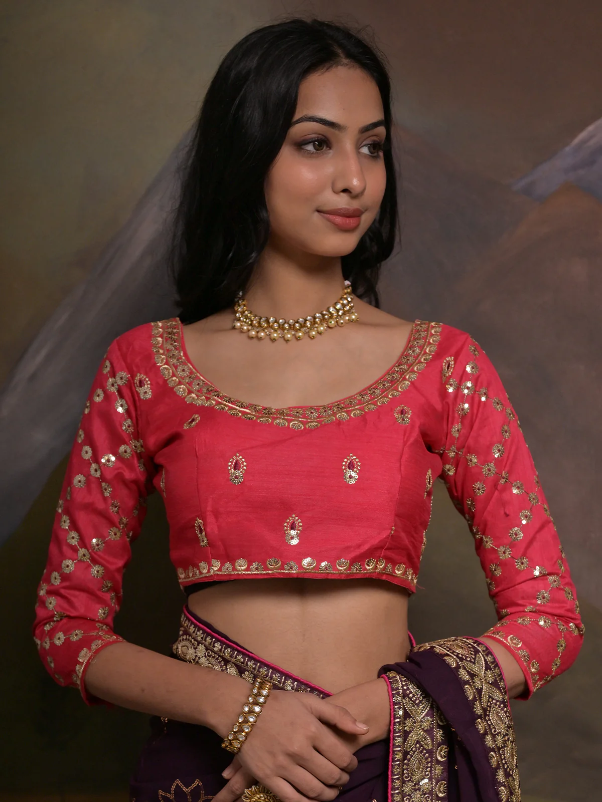 Odette Wine Embellished Georgette Saree With Unstitched Blouse For Women - Image 6