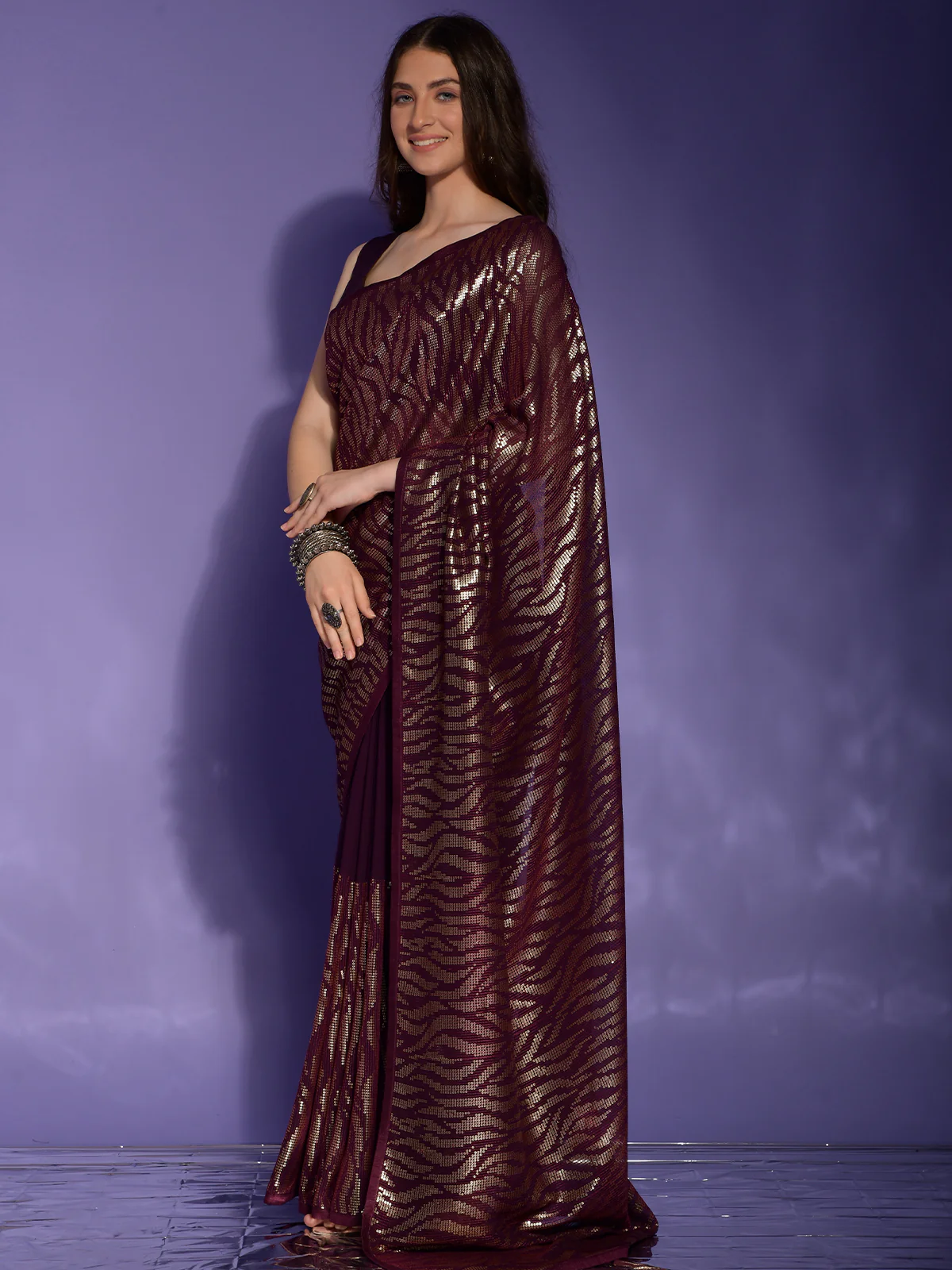 Odette Wine Embellished Georgette Saree With Unstitched Blouse For Women - Image 2