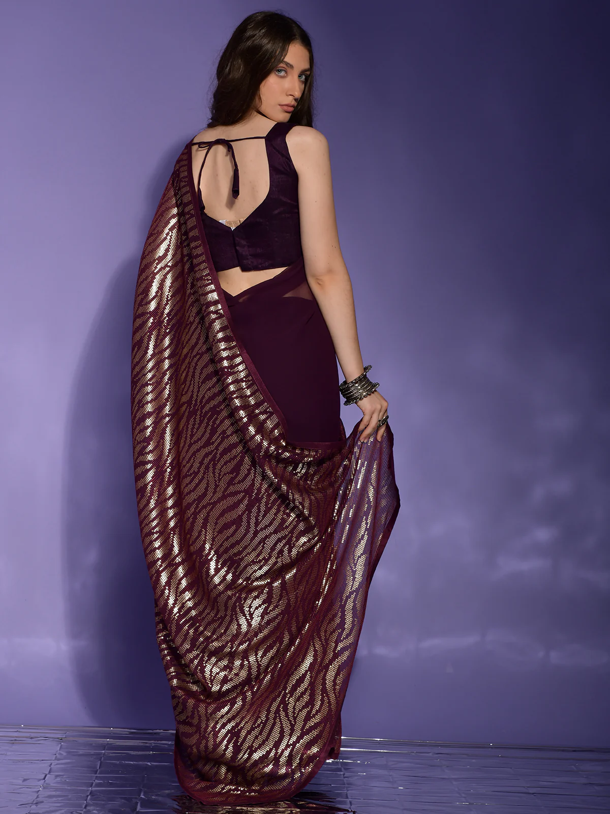 Odette Wine Embellished Georgette Saree With Unstitched Blouse For Women - Image 4