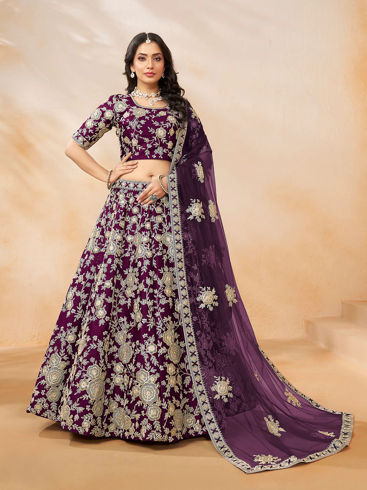 Odette Wine Embroidered Art Silk Semi Stitched Lehenga With Unstitched Blouse For Women - Image 2