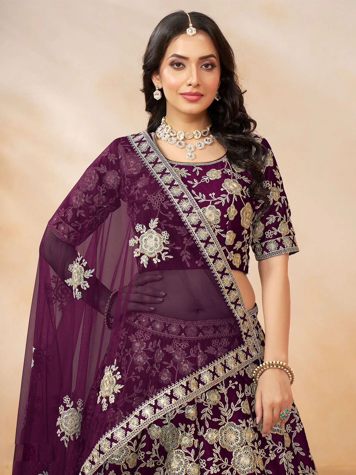 Odette Wine Embroidered Art Silk Semi Stitched Lehenga With Unstitched Blouse For Women - Image 3