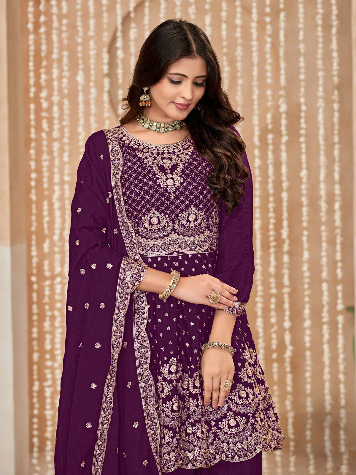 Odette Wine Embroidered Chinon Semi Stitched Kurta Set With Dupatta For Women - Image 3
