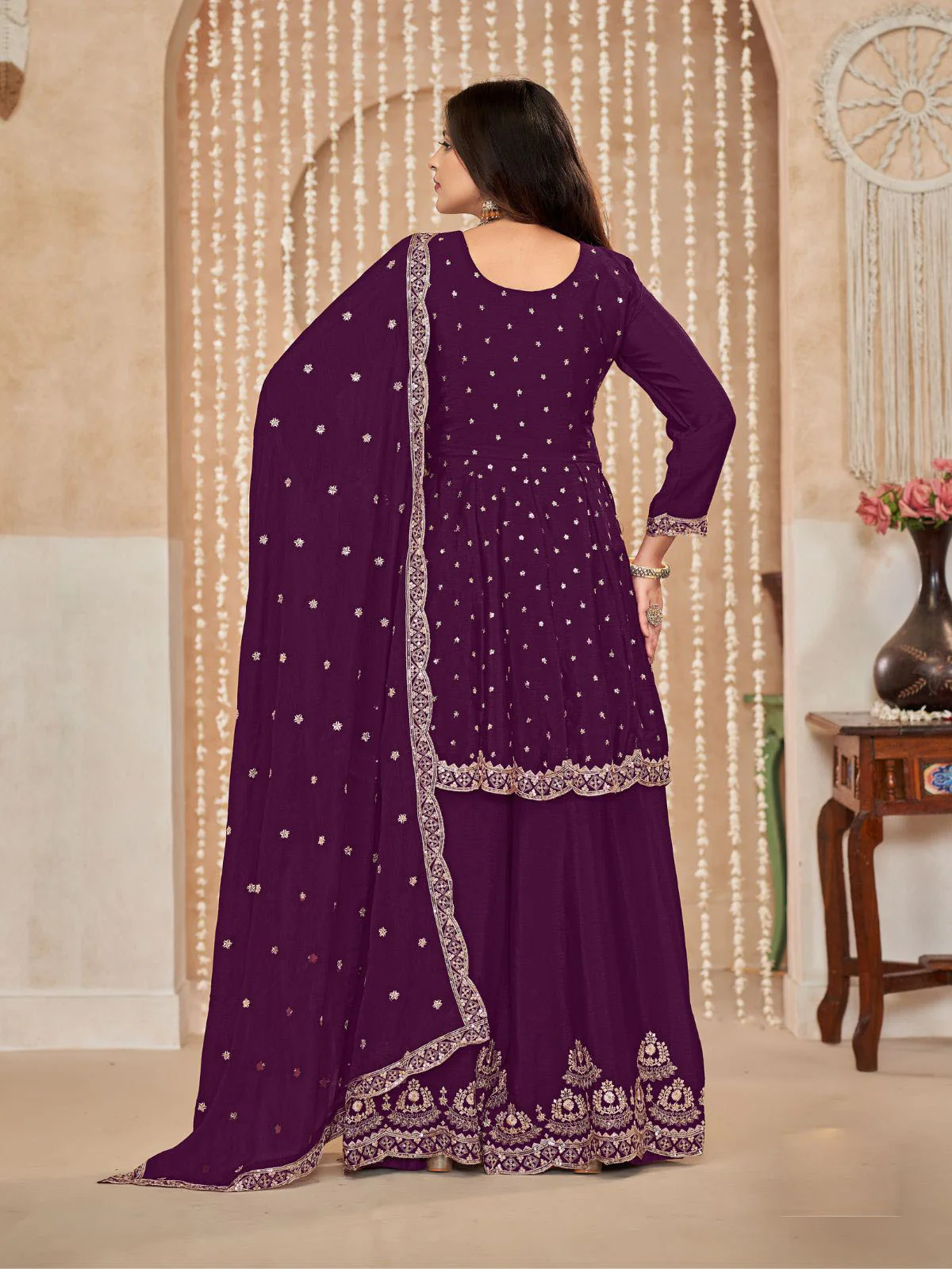 Odette Wine Embroidered Chinon Semi Stitched Kurta Set With Dupatta For Women - Image 4
