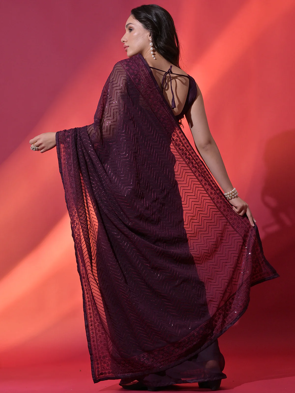 Odette Wine Embellished Georgette Saree With Unstitched Blouse For Women - Image 4