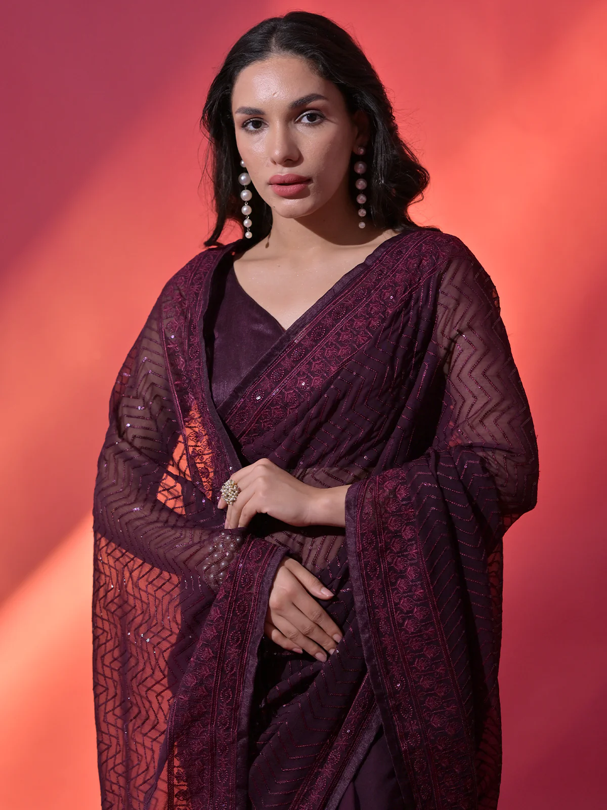 Odette Wine Embellished Georgette Saree With Unstitched Blouse For Women - Image 5