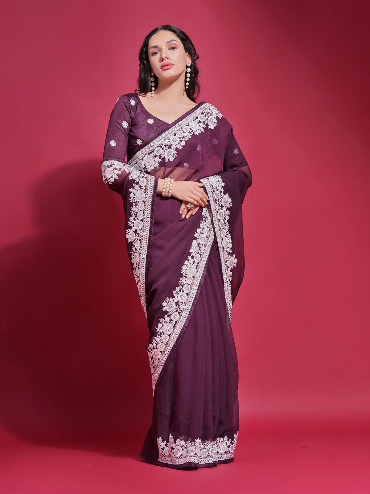 Odette Wine Embroidered Georgette Saree With Unstitched Blouse For Women - Image 3