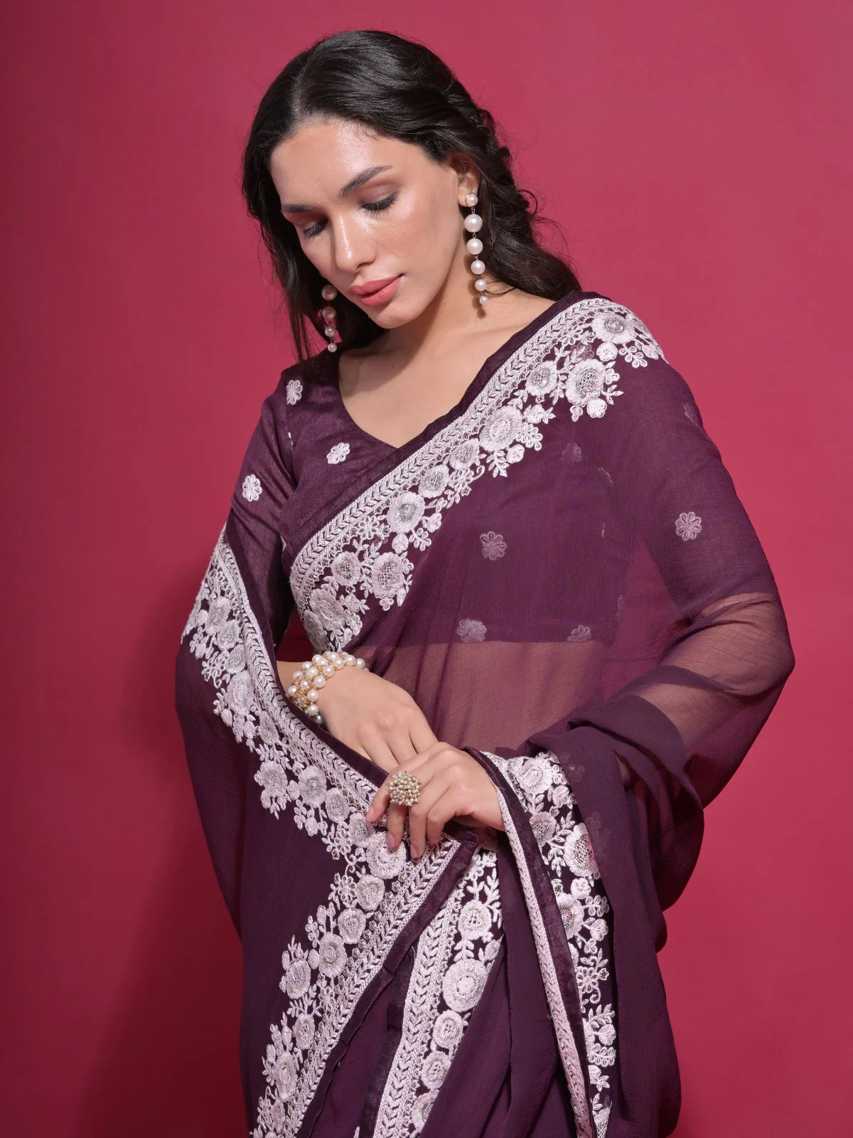 Odette Wine Embroidered Georgette Saree With Unstitched Blouse For Women - Image 4
