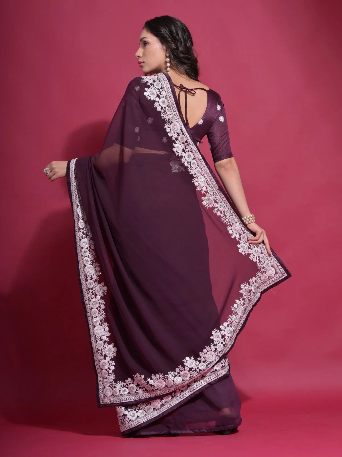 Odette Wine Embroidered Georgette Saree With Unstitched Blouse For Women - Image 5
