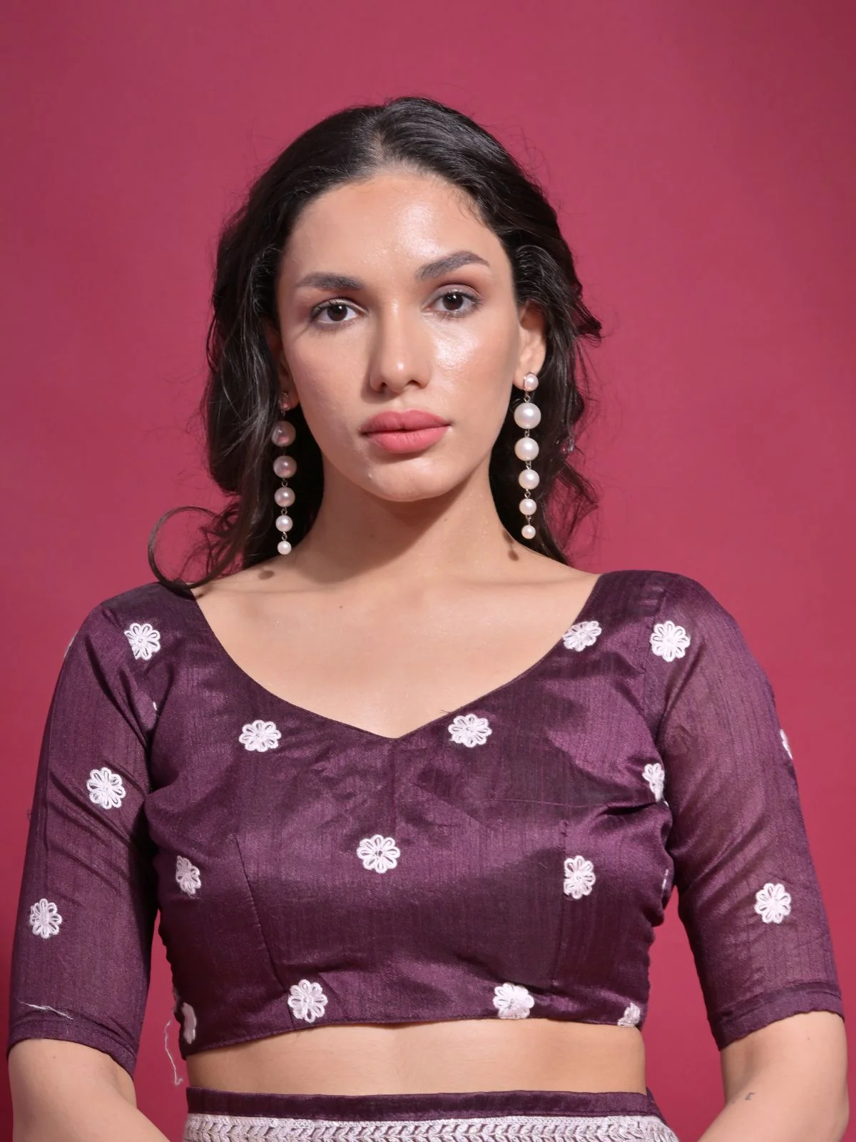 Odette Wine Embroidered Georgette Saree With Unstitched Blouse For Women - Image 6