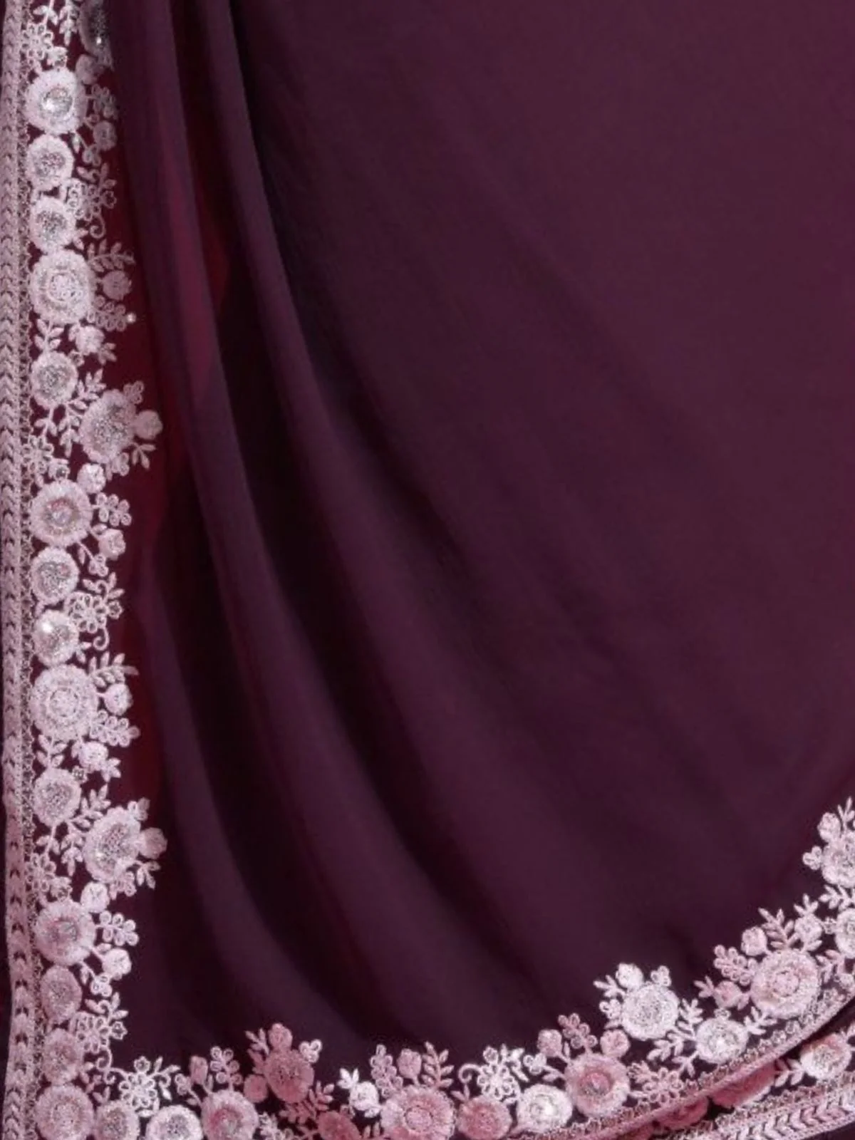 Odette Wine Embroidered Georgette Saree With Unstitched Blouse For Women - Image 8