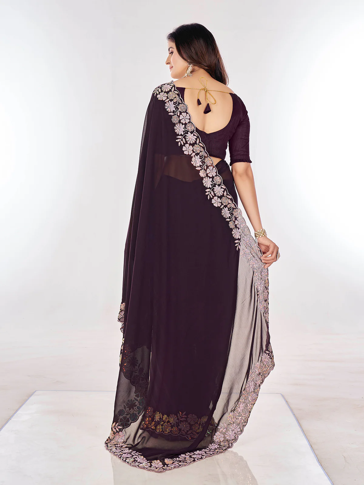 Odette Wine Embroidered Georgette Saree With Unstitched Blouse For Women - Image 4