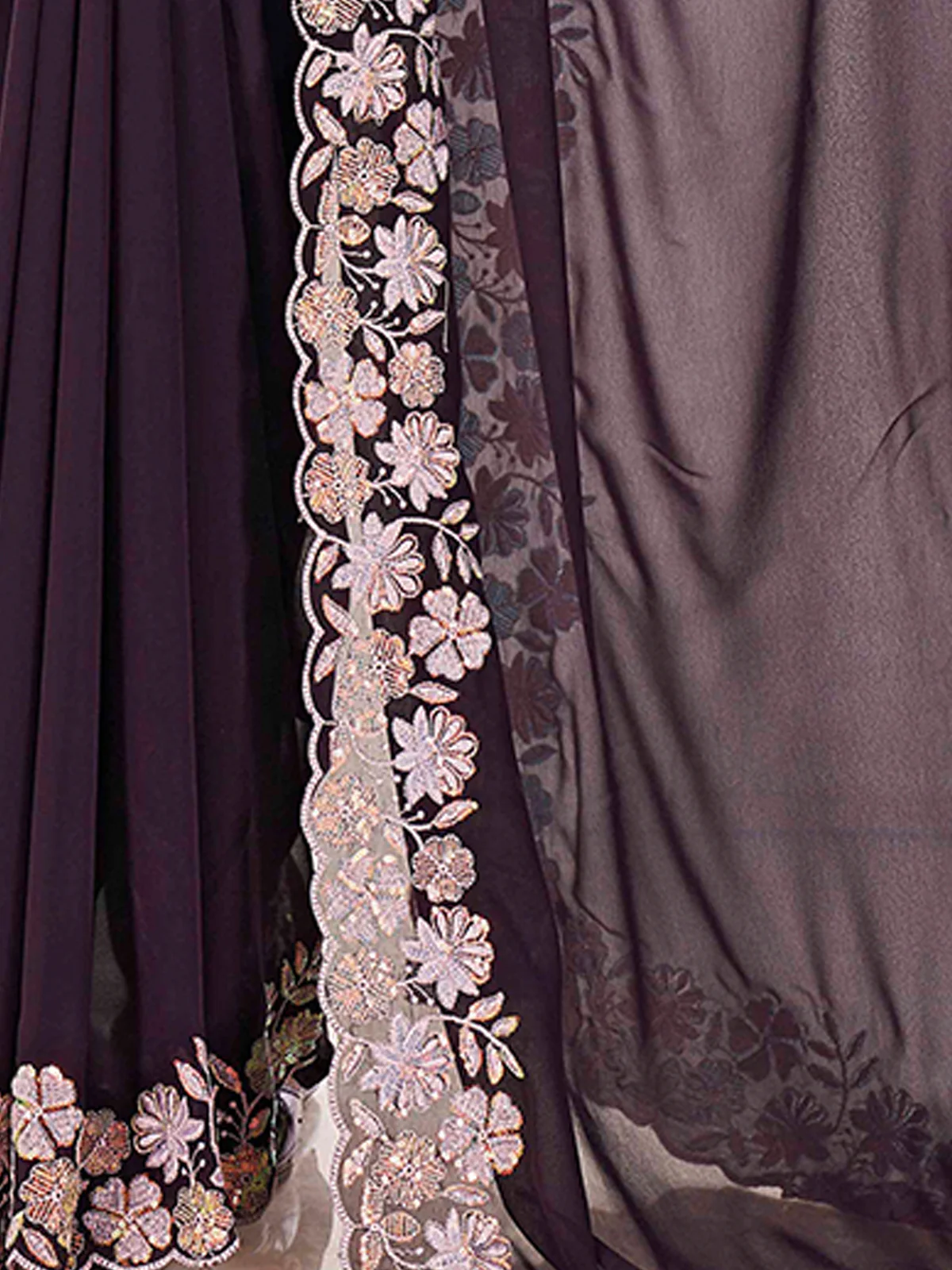 Odette Wine Embroidered Georgette Saree With Unstitched Blouse For Women - Image 7