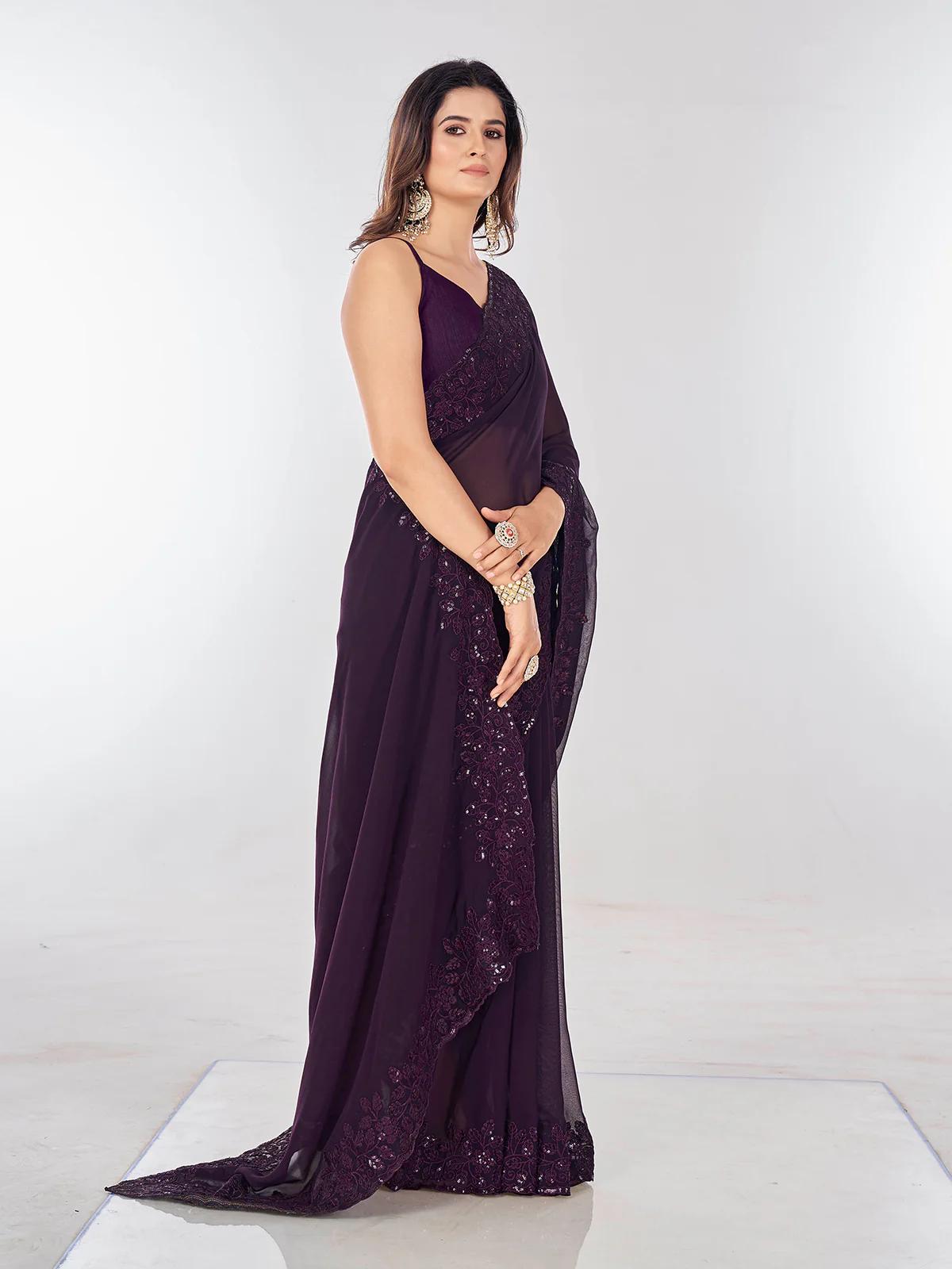 Odette Violet Embroidered Georgette Saree With Unstitched Blouse For Women - Image 3
