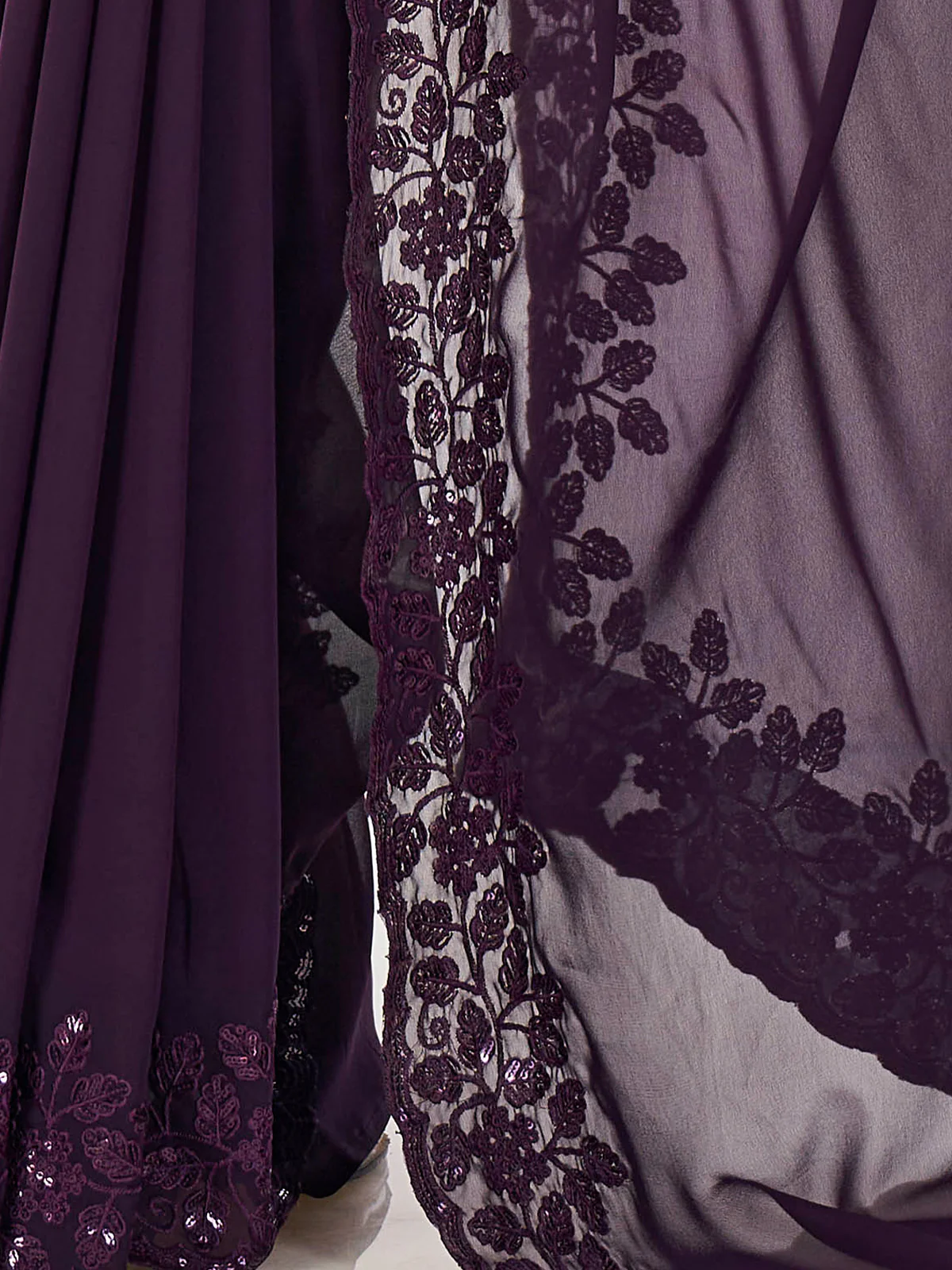 Odette Violet Embroidered Georgette Saree With Unstitched Blouse For Women - Image 7