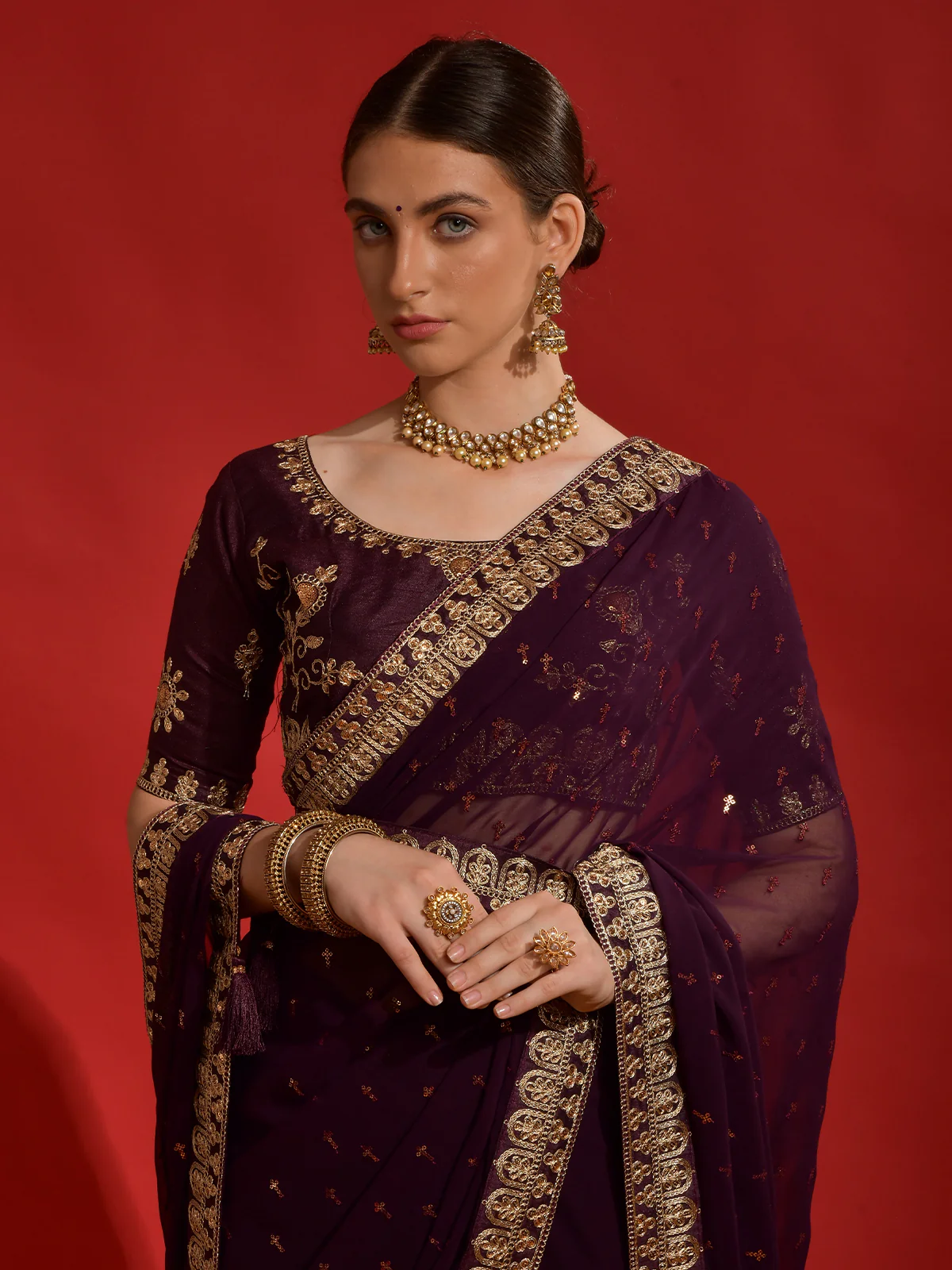 Odette Wine Embroidered Georgette Saree With Unstitched Blouse For Women - Image 4