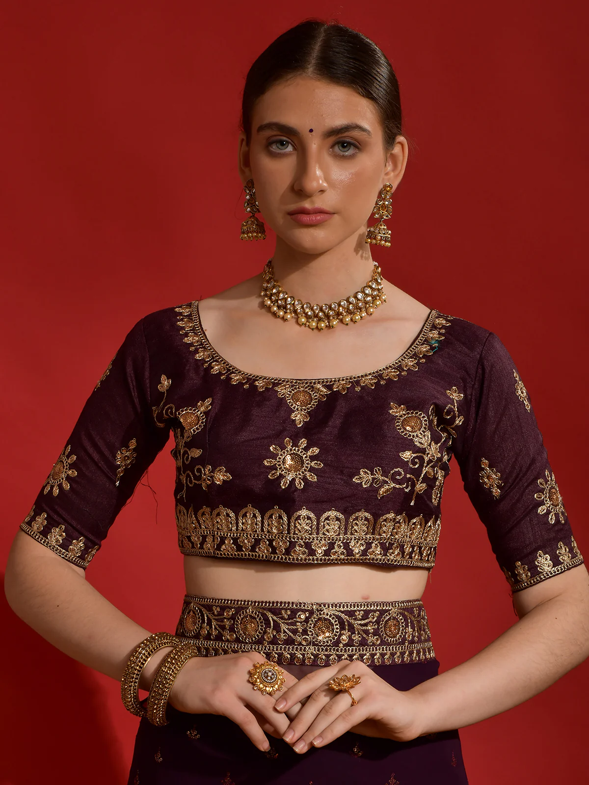 Odette Wine Embroidered Georgette Saree With Unstitched Blouse For Women - Image 5