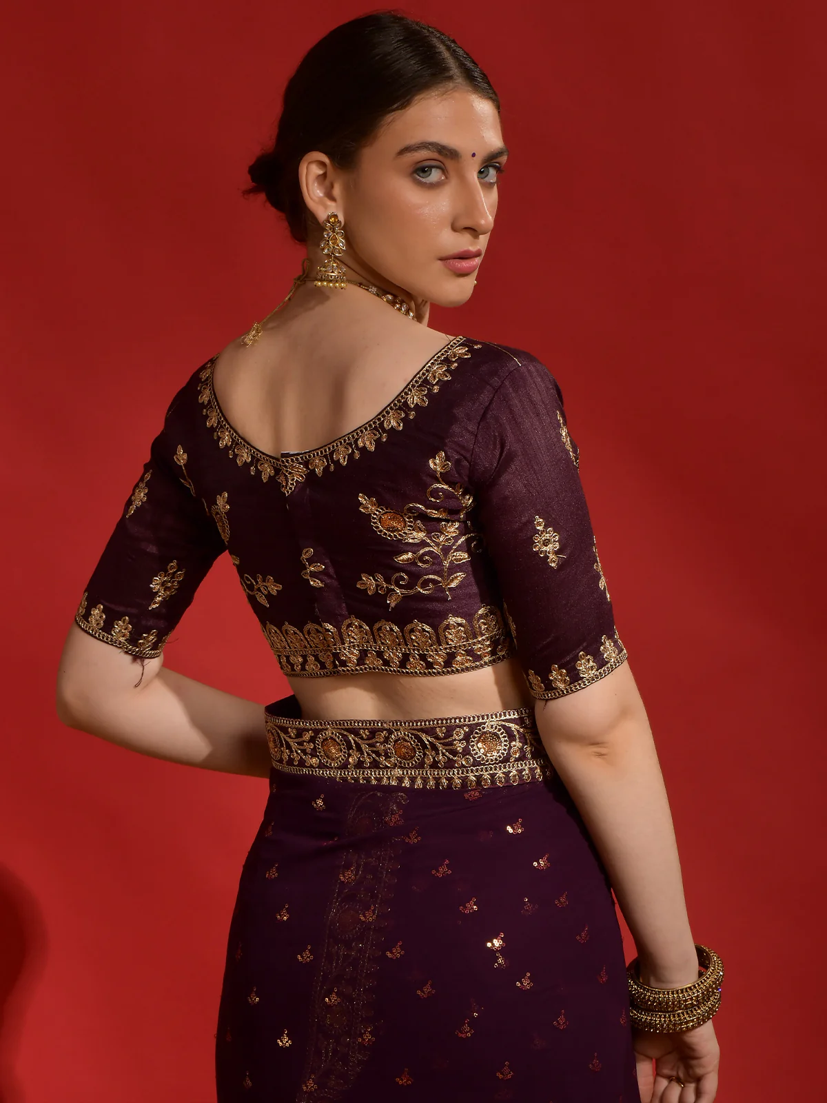 Odette Wine Embroidered Georgette Saree With Unstitched Blouse For Women - Image 6
