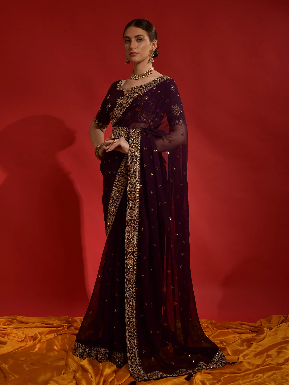 Odette Wine Embroidered Georgette Saree With Unstitched Blouse For Women - Image 2