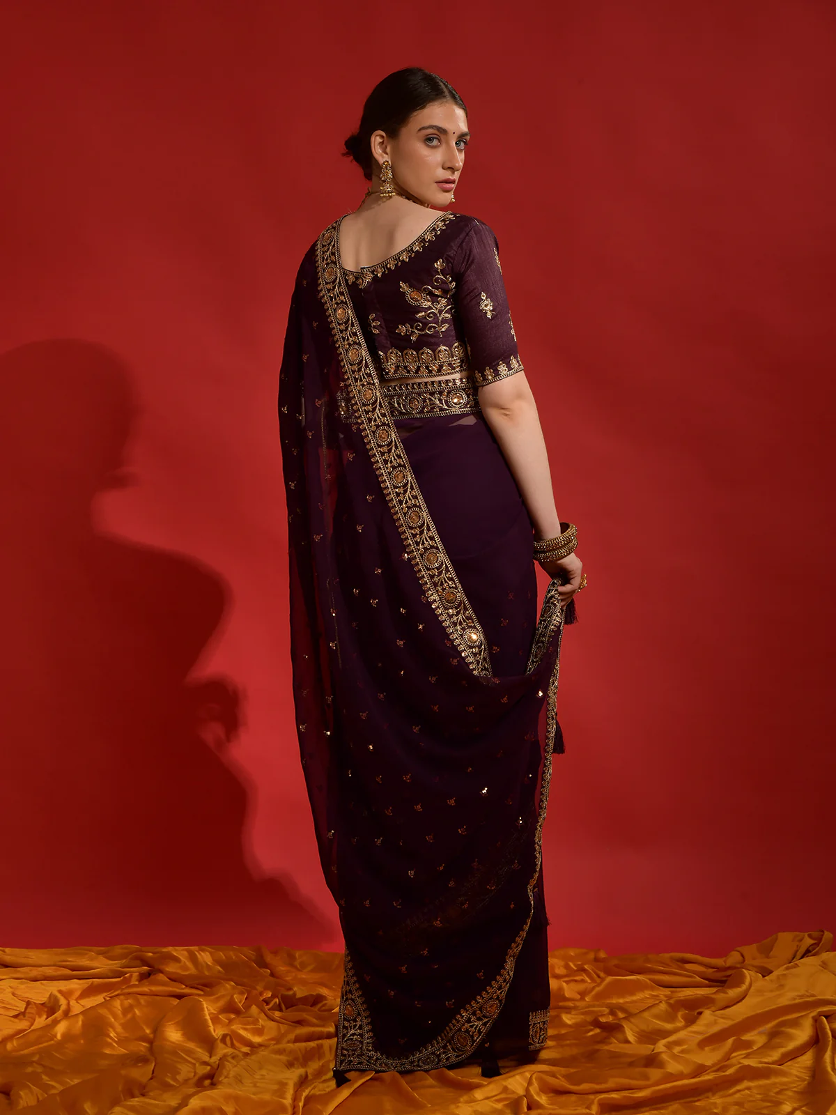 Odette Wine Embroidered Georgette Saree With Unstitched Blouse For Women - Image 3