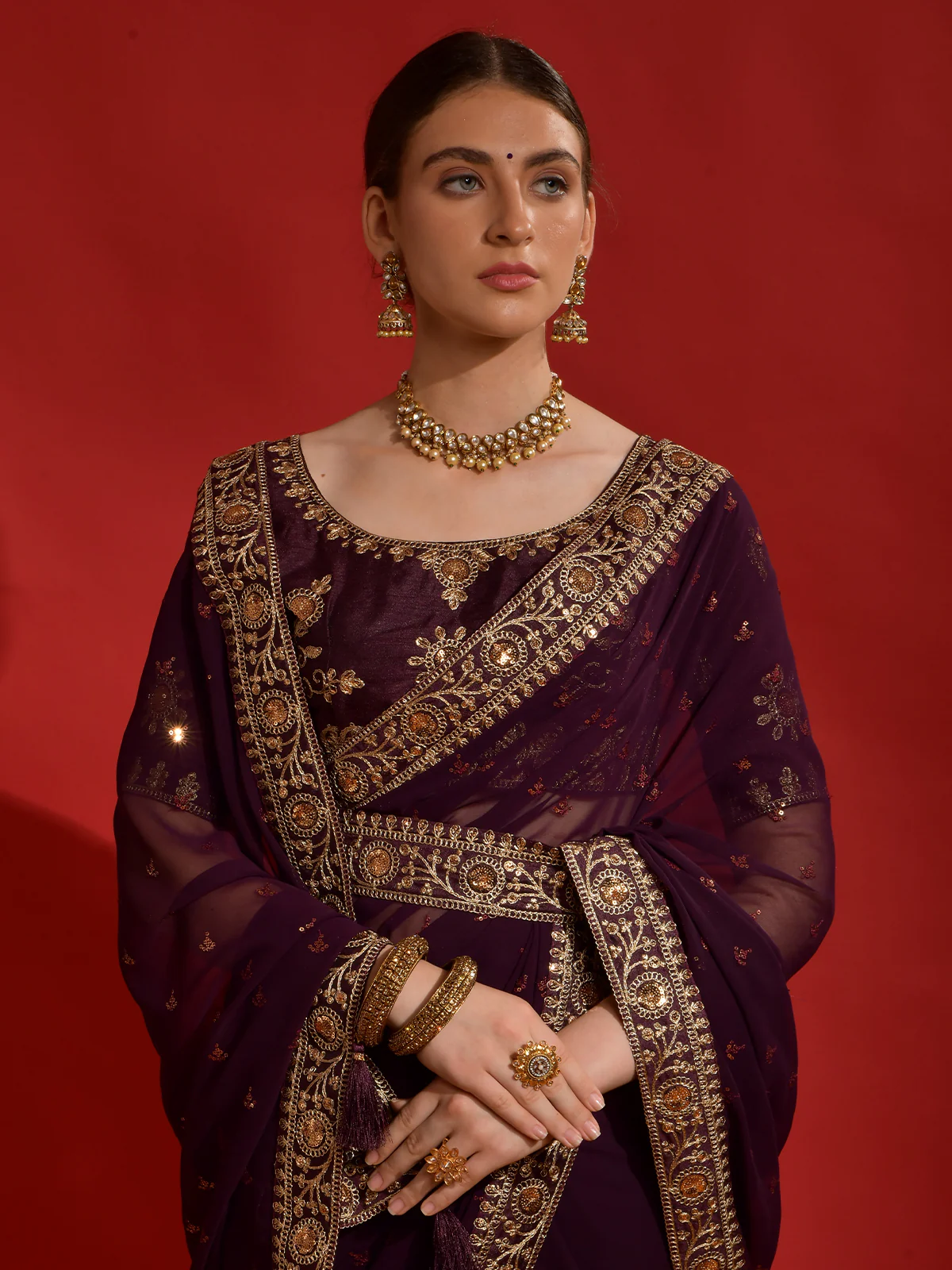Odette Wine Embroidered Georgette Saree With Unstitched Blouse For Women - Image 4