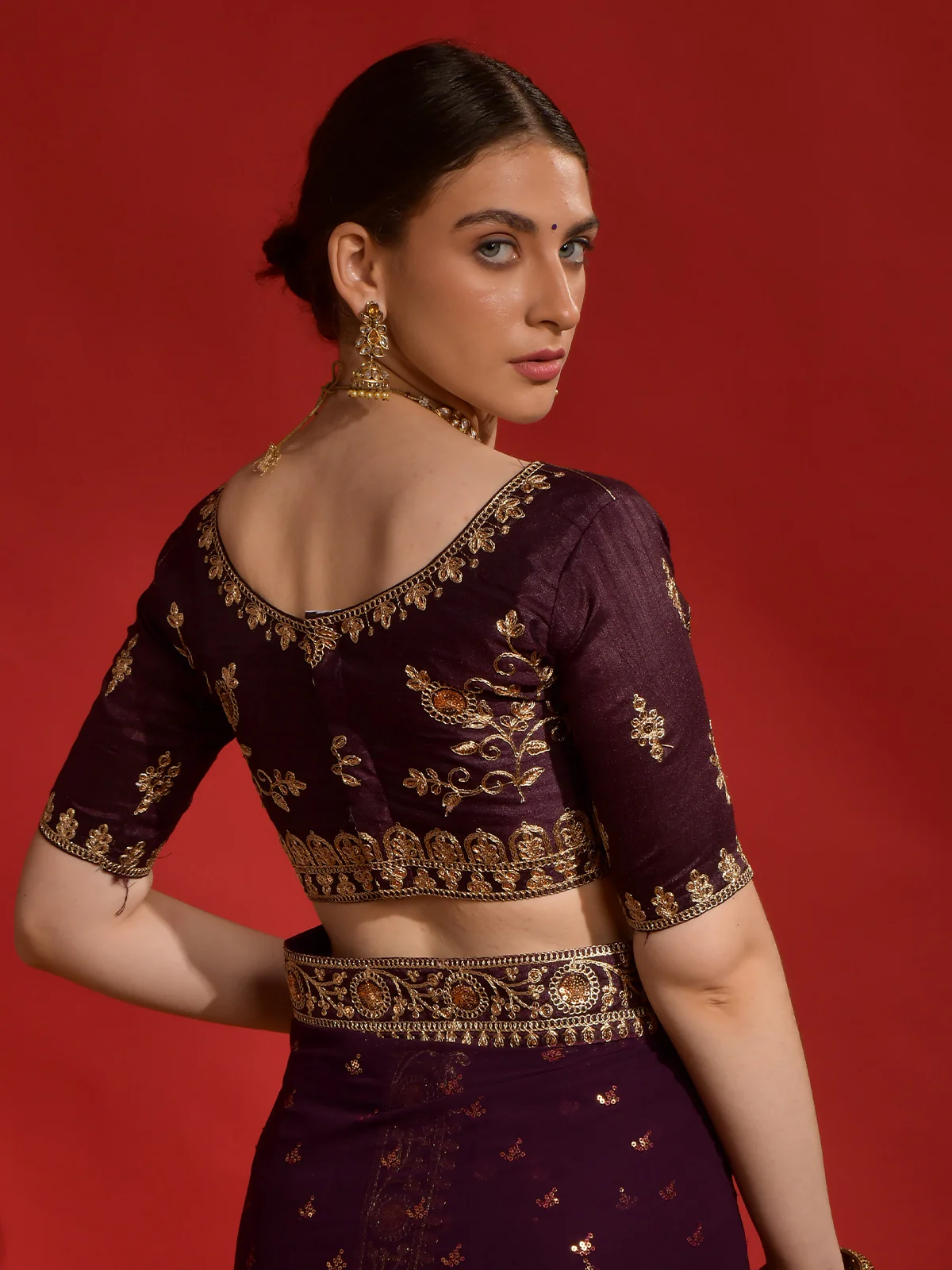Odette Wine Embroidered Georgette Saree With Unstitched Blouse For Women - Image 6