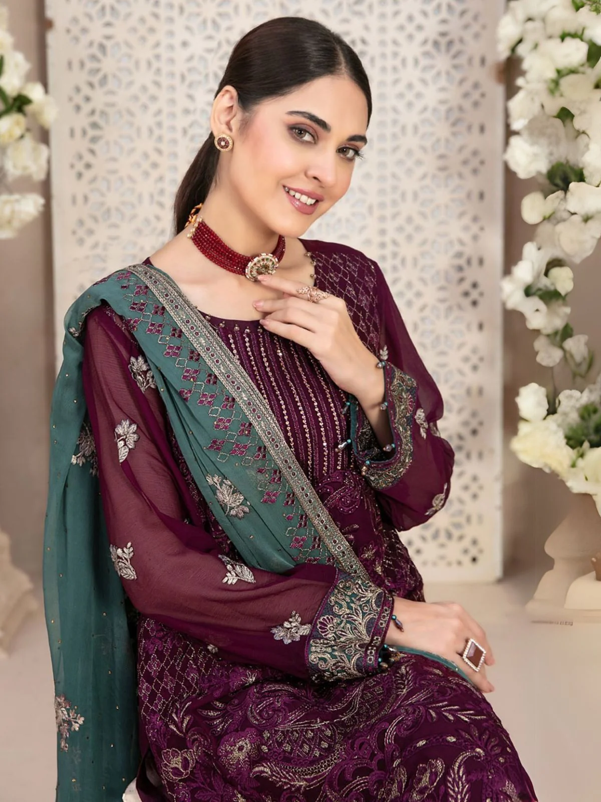 Odette Wine Embroidered Georgette Semi-Stitched Kurta Set For Women - Image 2