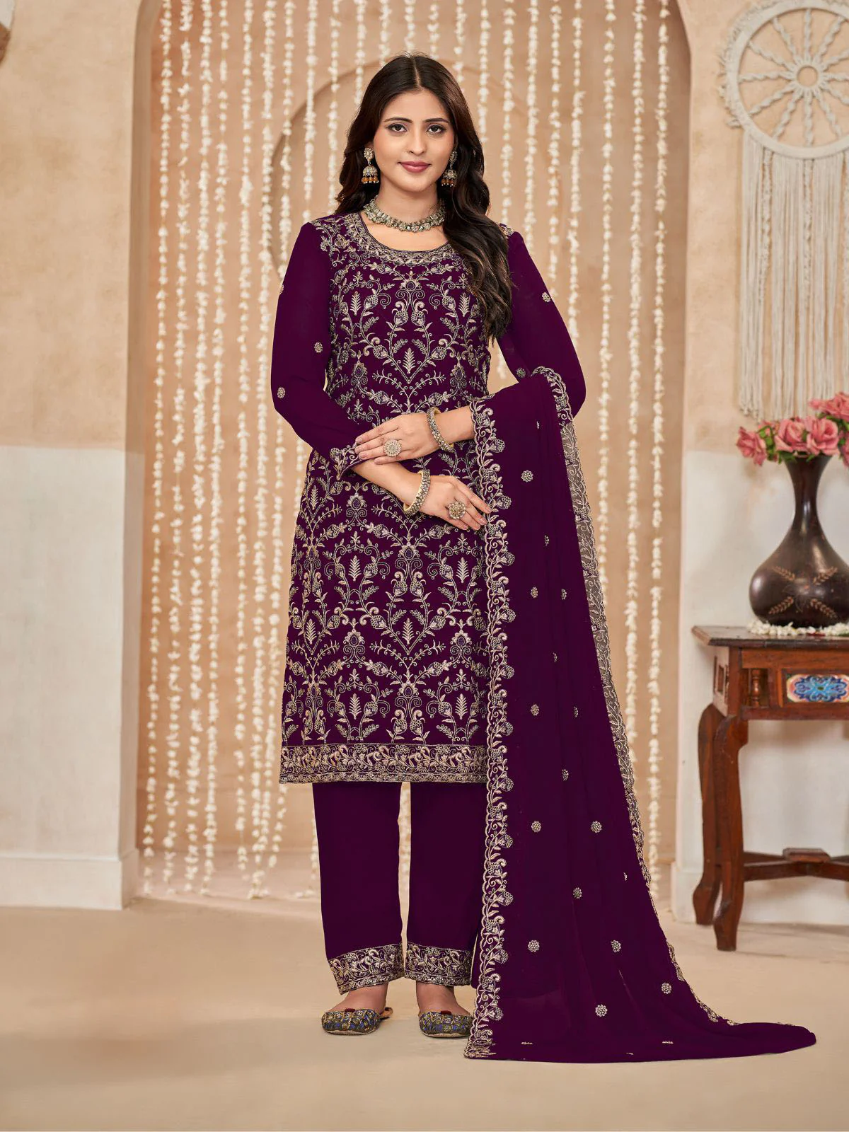 Odette Wine Embroidered Georgette Semi Stitched Kurta Set With Dupatta For Women - Image 2