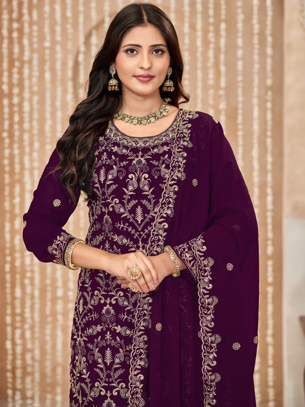 Odette Wine Embroidered Georgette Semi Stitched Kurta Set With Dupatta For Women - Image 4