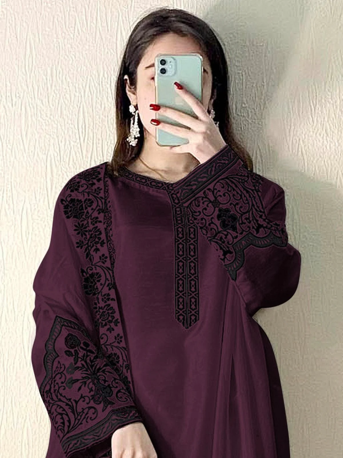 Odette Wine Embroidered Georgette Semi Stitched Kurta Set with Dupatta For Women - Image 2