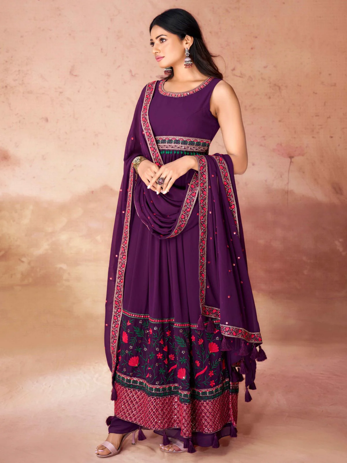 Odette Wine Georgette Embroidered Stitched Gown For Women - Image 3