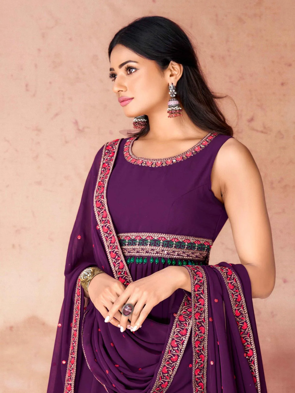Odette Wine Georgette Embroidered Stitched Gown For Women - Image 5