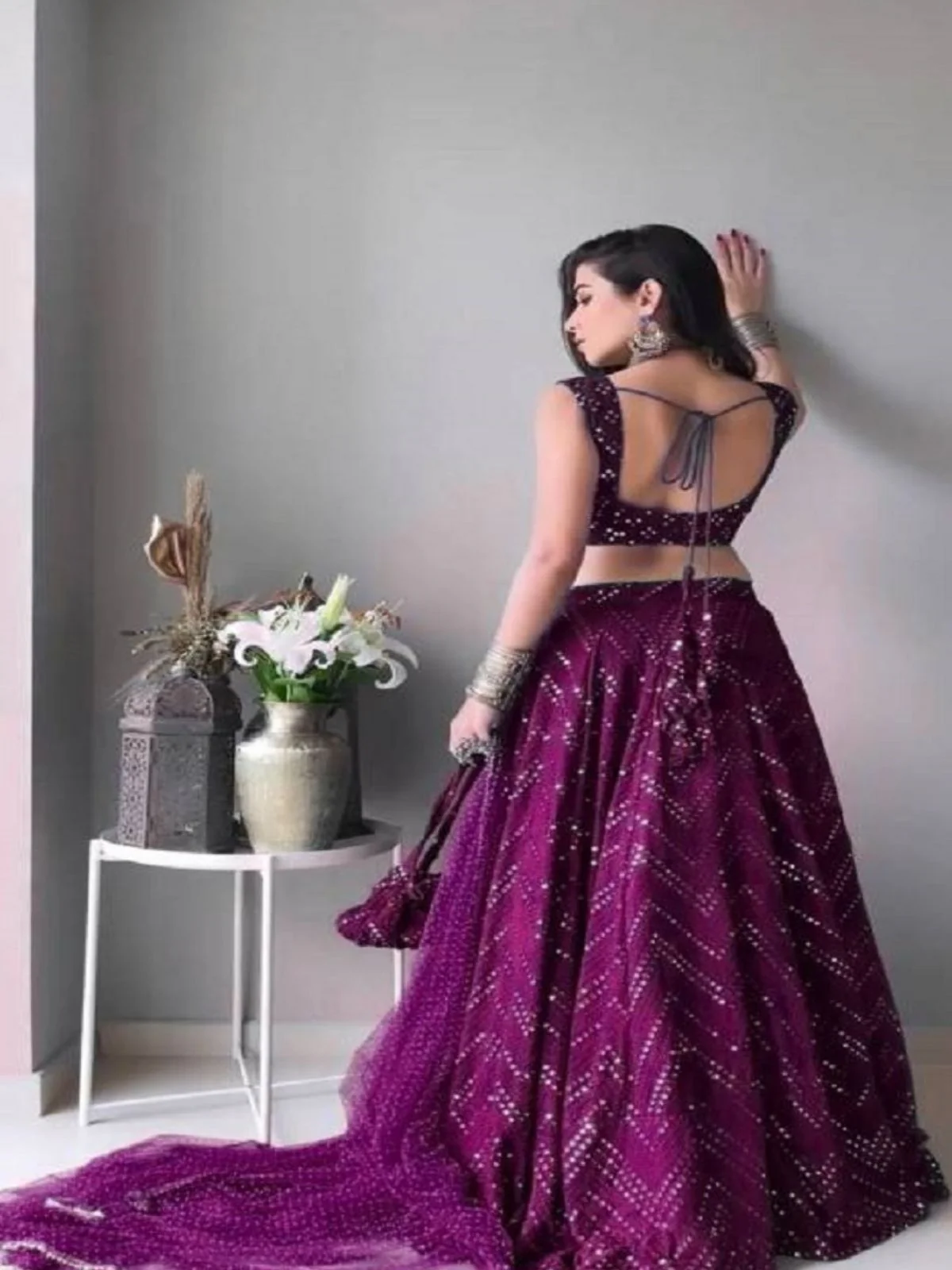 Odette Wine Georgette Embellished Semi-Stitched Lehenga For Women - Image 2