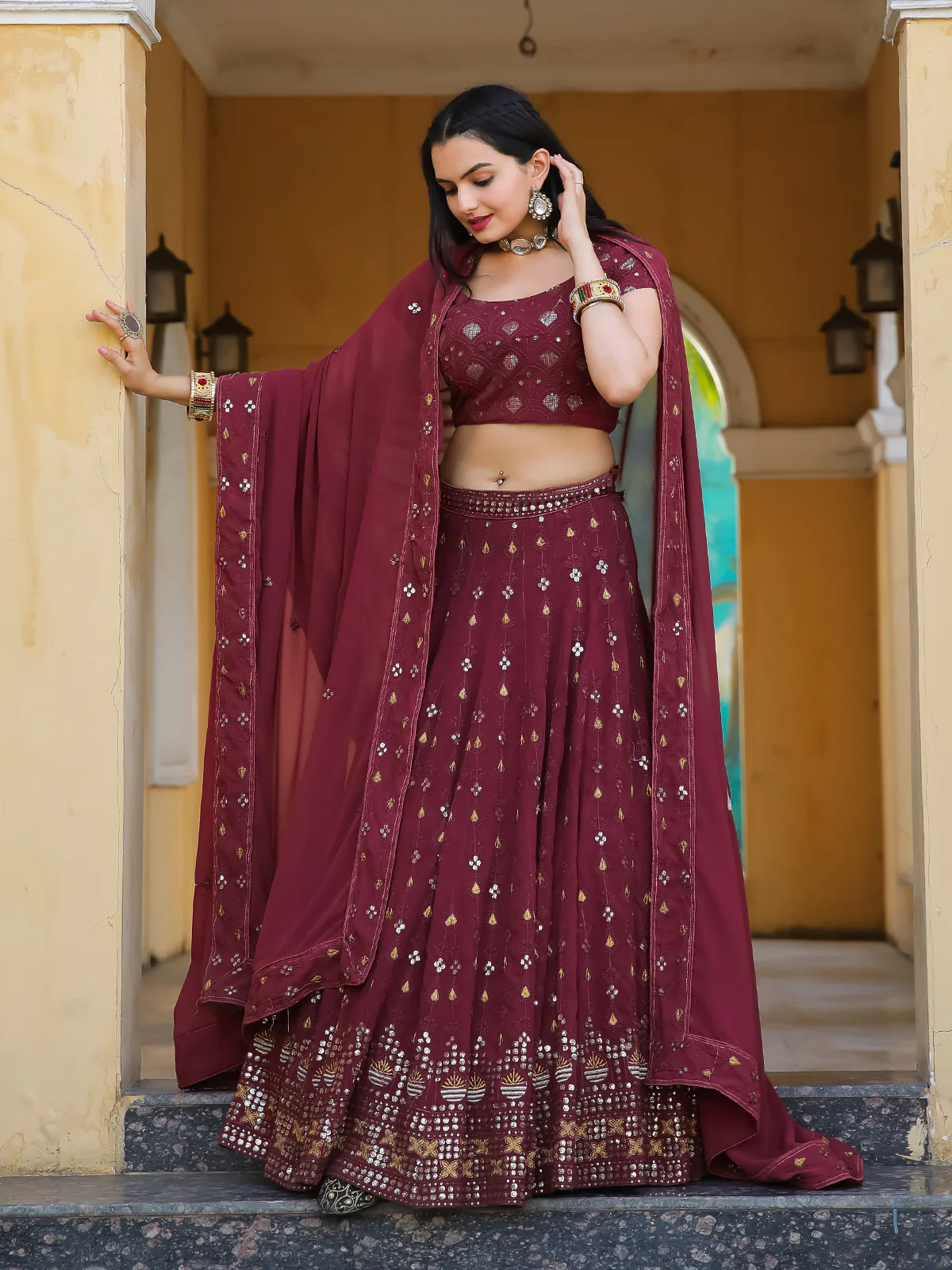 Odette Wine Georgette Embellished Semi Stitched Lehenga With Unstitched Blouse For Women - Image 2