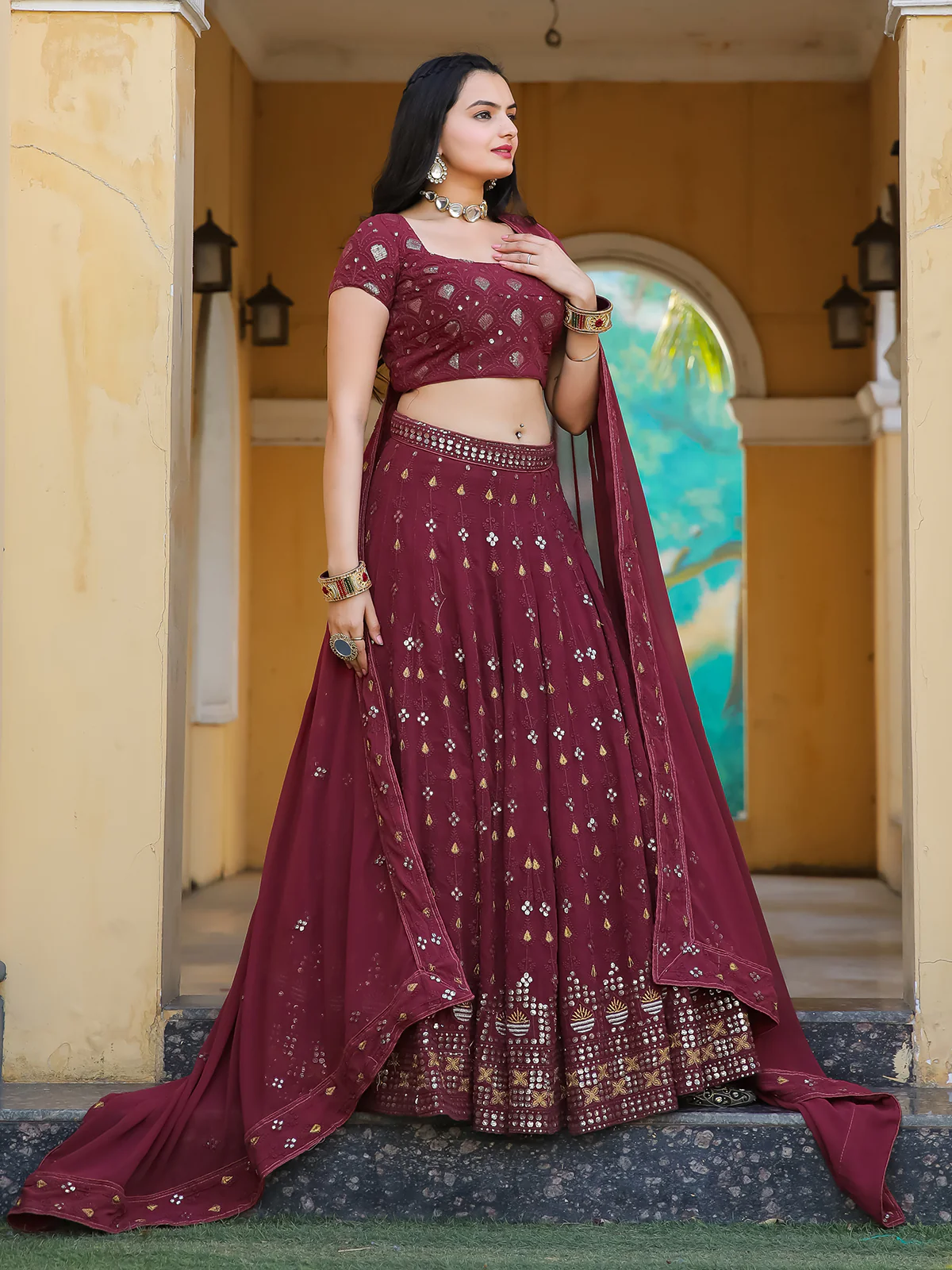 Odette Wine Georgette Embellished Semi Stitched Lehenga With Unstitched Blouse For Women - Image 3