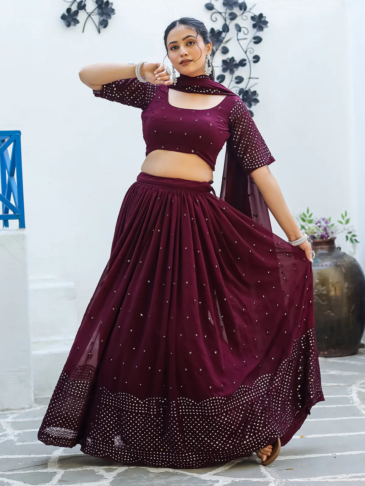 Odette Wine Georgette Embellished Semi Stitched Lehenga With Unstitched Blouse For Women - Image 2