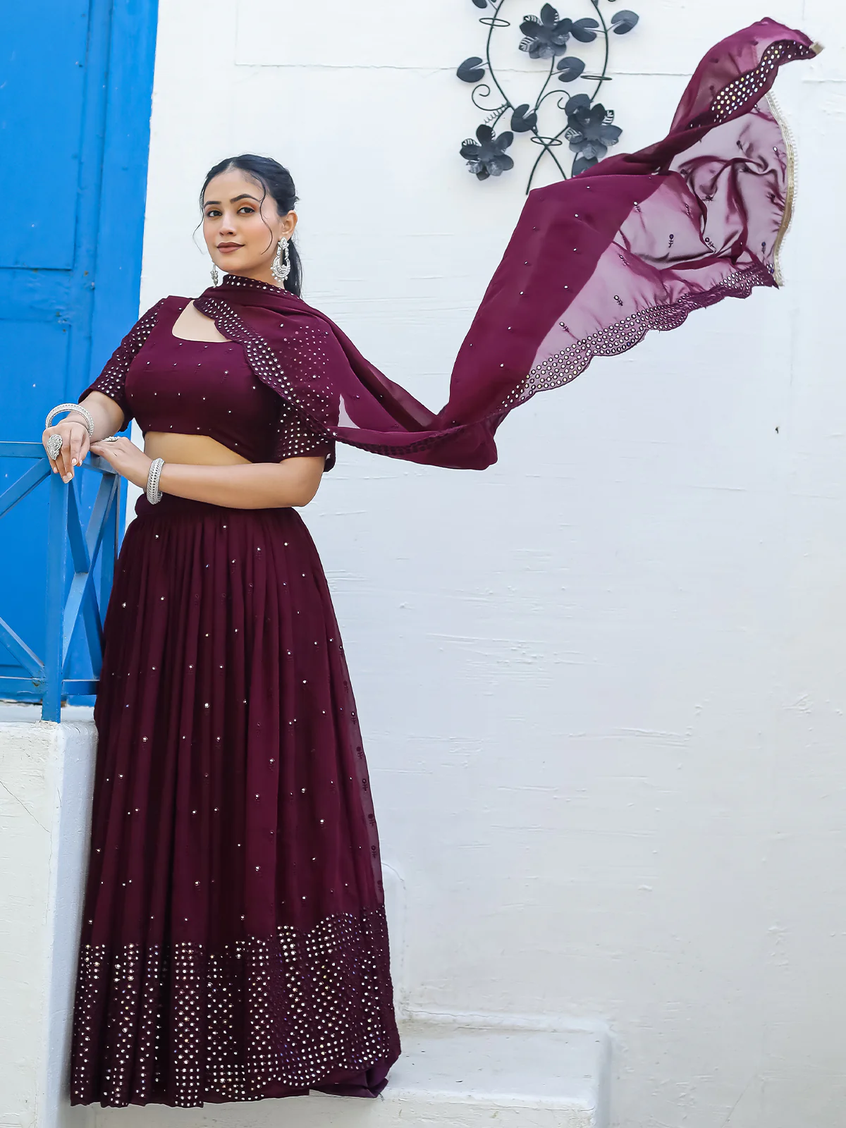 Odette Wine Georgette Embellished Semi Stitched Lehenga With Unstitched Blouse For Women - Image 4