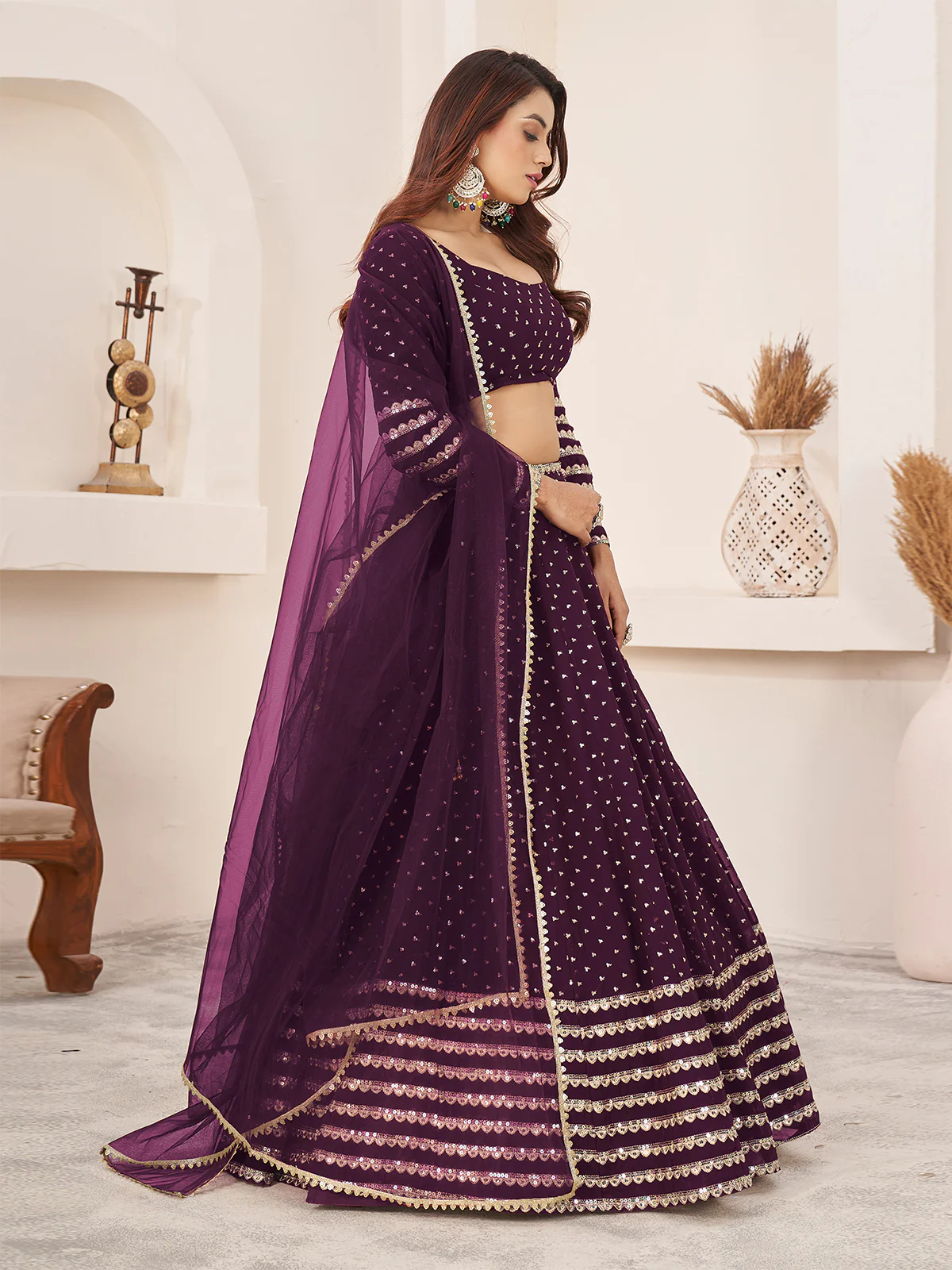 Odette Wine Georgette Embellished Semi Stitched Lehenga With Unstitched Blouse For Women - Image 2